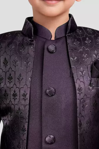 Boys wine silk blend jacquard indo-western set