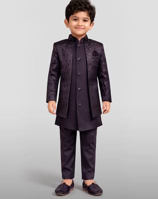 Boys wine silk blend jacquard indo-western set 3