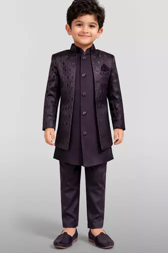 Boys wine silk blend jacquard indo-western set