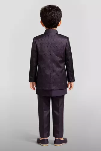 Boys wine silk blend jacquard indo-western set