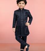 Boys navy blue silk blend jacquard indo-western set