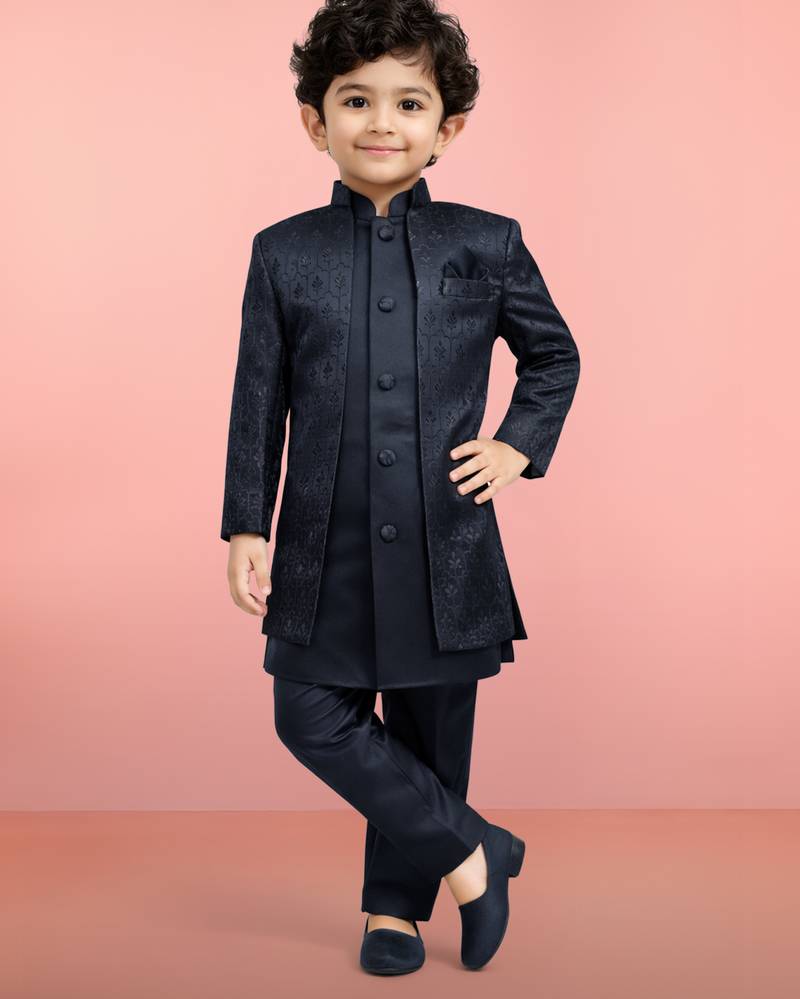 Boys navy blue silk blend jacquard indo-western set