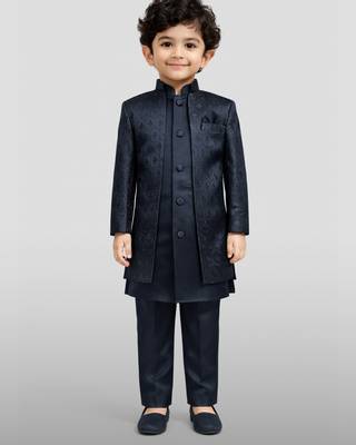 Boys navy blue silk blend jacquard indo-western set 3