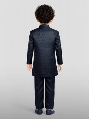 Boys navy blue silk blend jacquard indo-western set 4