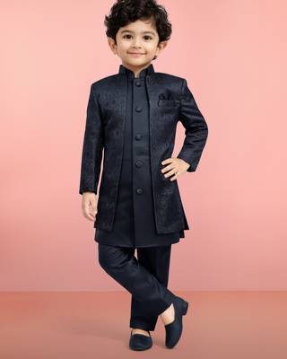 Boys navy blue silk blend jacquard indo-western set 1