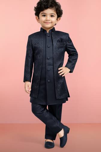 Boys navy blue silk blend jacquard indo-western set