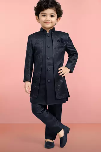Boys navy blue silk blend jacquard indo-western set