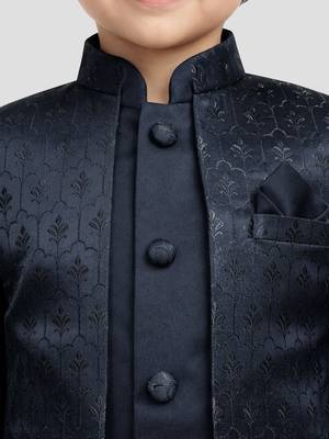 Boys navy blue silk blend jacquard indo-western set 2