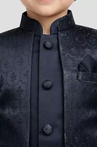 Boys navy blue silk blend jacquard indo-western set