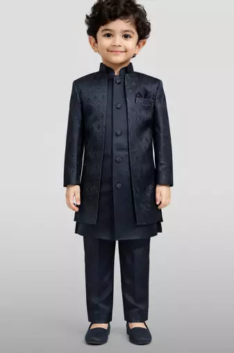Boys navy blue silk blend jacquard indo-western set