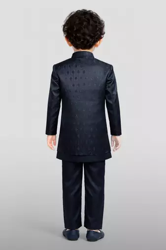 Boys navy blue silk blend jacquard indo-western set