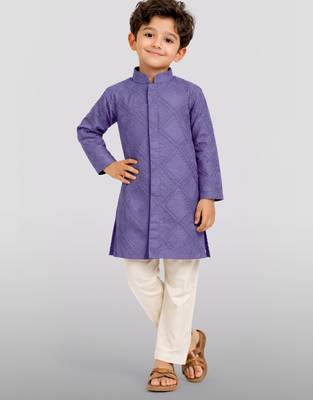 Boys purple hakoba cotton kurta pyjama set with geometric thread embroidery 1