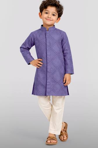 Boys purple hakoba cotton kurta pyjama set with geometric thread embroidery