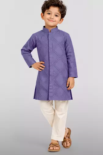 Boys purple hakoba cotton kurta pyjama set with geometric thread embroidery