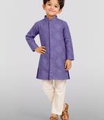 Boys purple hakoba cotton kurta pyjama set with geometric thread embroidery