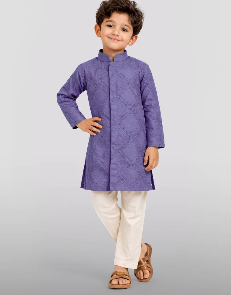 Boys purple hakoba cotton kurta pyjama set with geometric thread embroidery