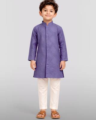 Boys purple hakoba cotton kurta pyjama set with geometric thread embroidery 3