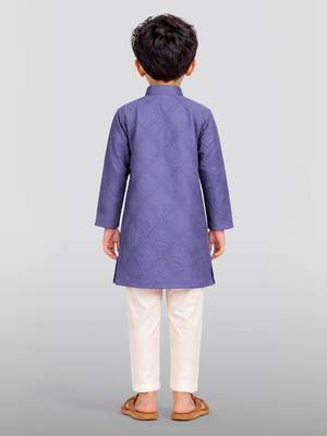 Boys purple hakoba cotton kurta pyjama set with geometric thread embroidery 4
