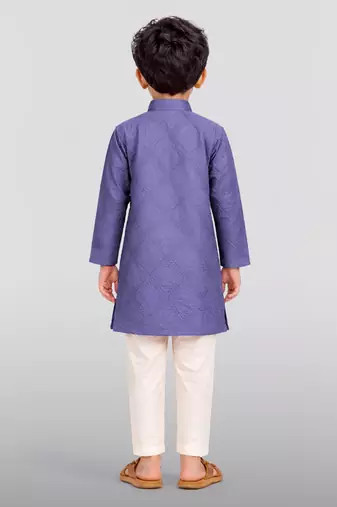 Boys purple hakoba cotton kurta pyjama set with geometric thread embroidery