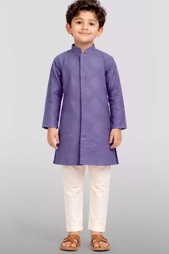 Boys purple hakoba cotton kurta pyjama set with geometric thread embroidery