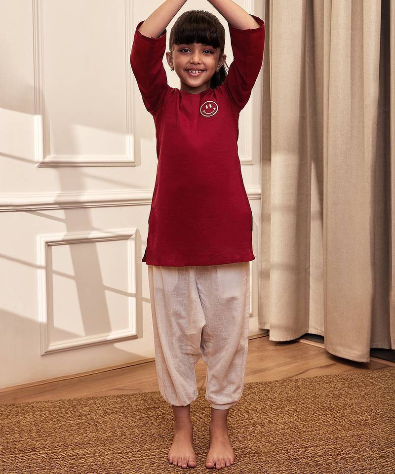 Girls maroon embroidered cotton yoga kurta with white harem pants
