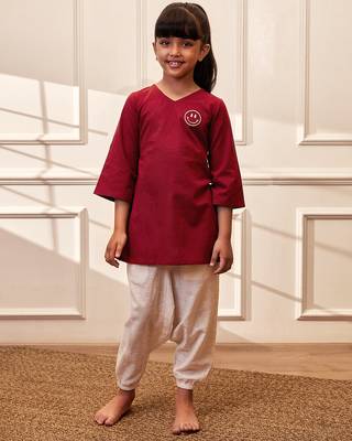 Girls maroon embroidered cotton yoga kurta with white harem pants 3