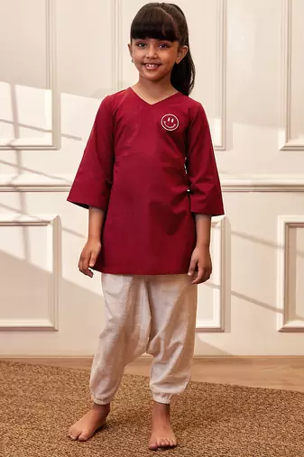 Girls maroon embroidered cotton yoga kurta with white harem pants