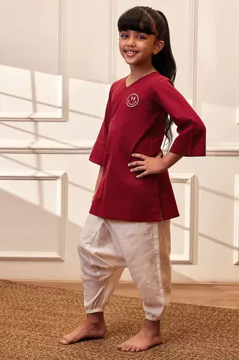 Girls maroon embroidered cotton yoga kurta with white harem pants