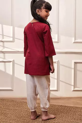 Girls maroon embroidered cotton yoga kurta with white harem pants