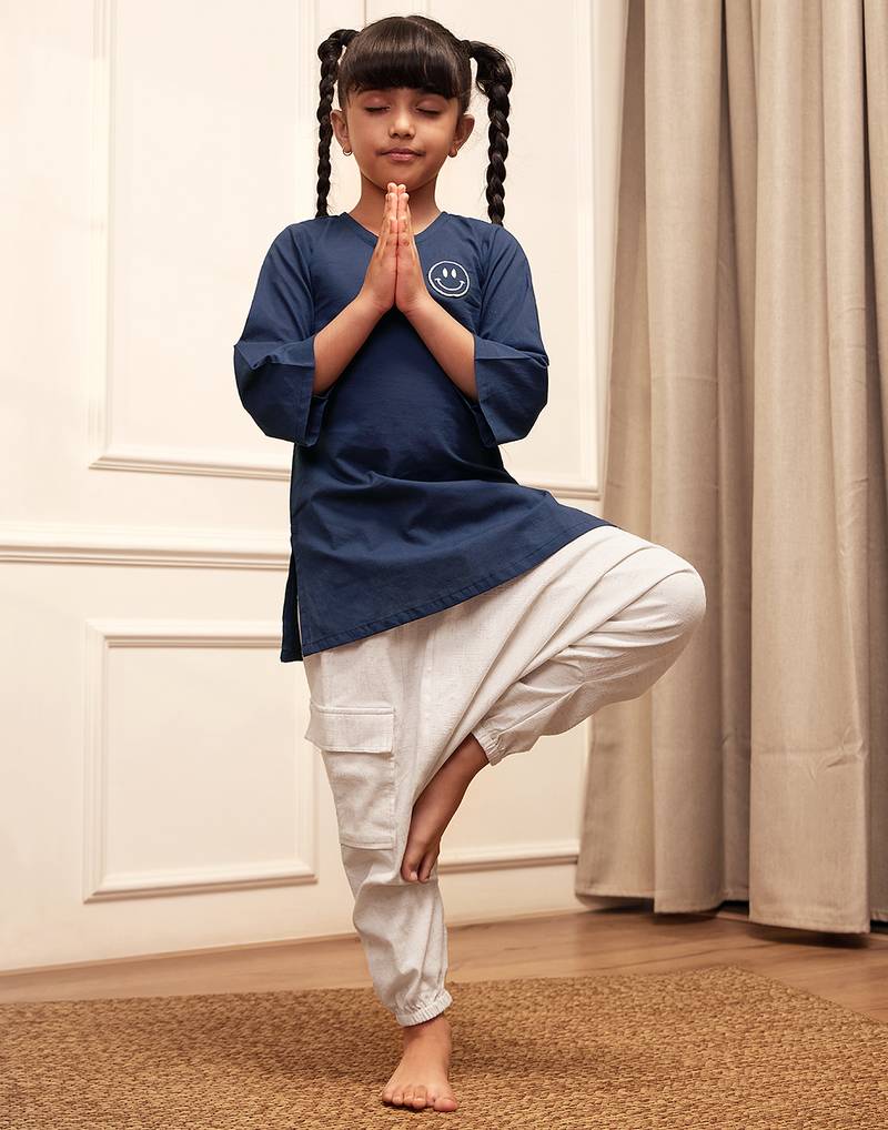 Girls navy blue embroidered cotton yoga kurta with white harem pants
