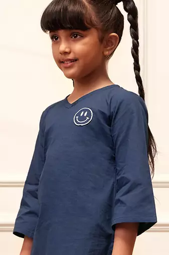 Girls navy blue embroidered cotton yoga kurta with white harem pants