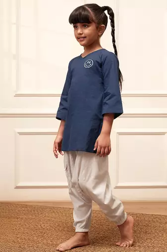 Girls navy blue embroidered cotton yoga kurta with white harem pants