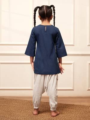 Girls navy blue embroidered cotton yoga kurta with white harem pants 5