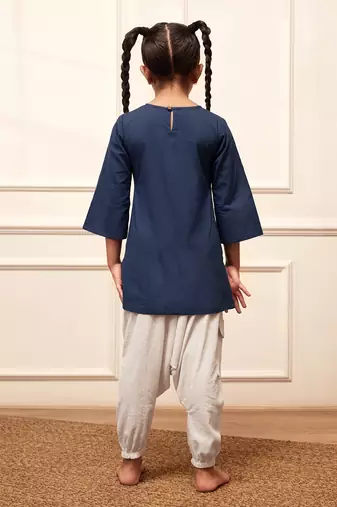 Girls navy blue embroidered cotton yoga kurta with white harem pants