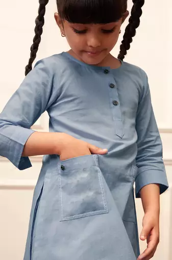 Girls aqua cotton kurta pyjama set