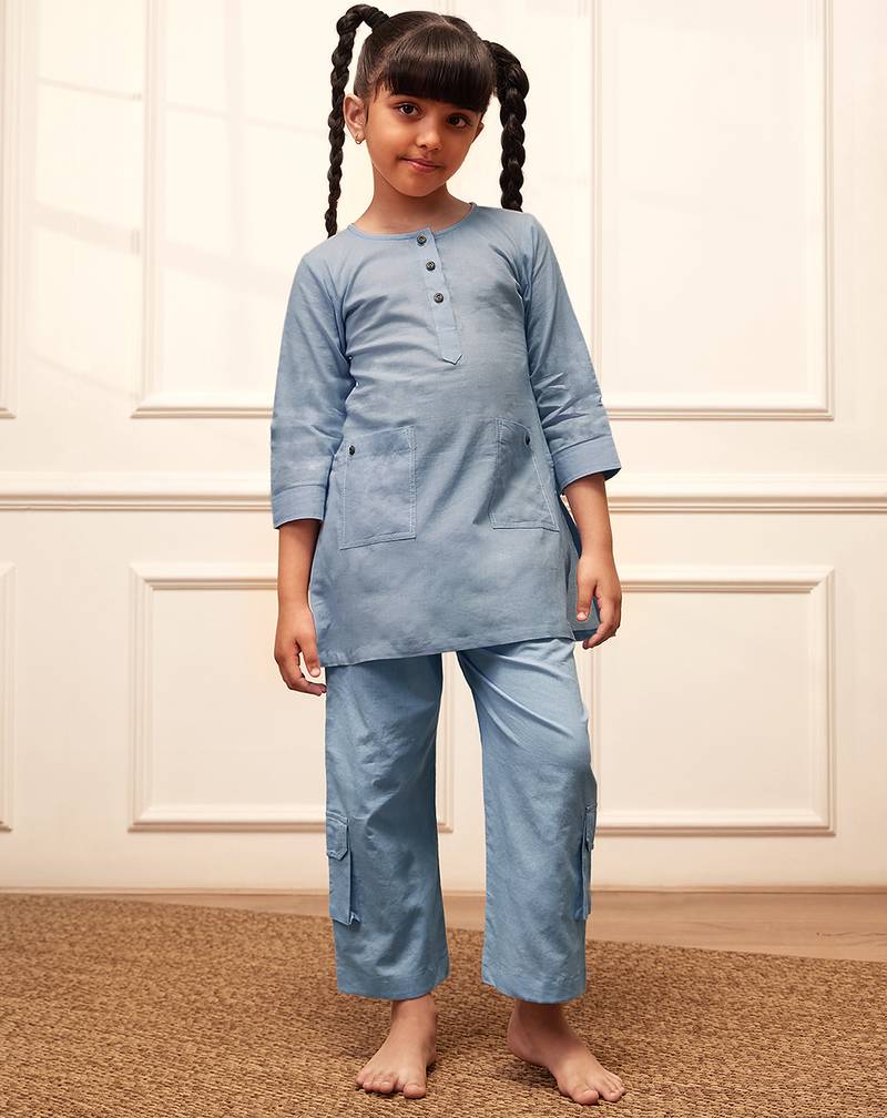 Girls aqua cotton kurta pyjama set