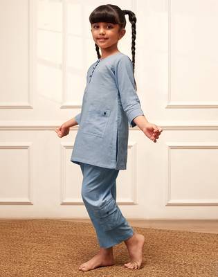 Girls aqua cotton kurta pyjama set 4