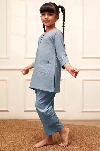 Girls aqua cotton kurta pyjama set