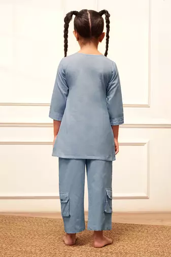 Girls aqua cotton kurta pyjama set