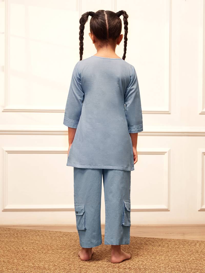 Girls aqua cotton kurta pyjama set