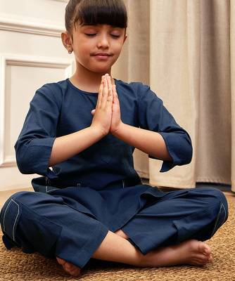 Girls navy blue cotton kurta pyjama set 1