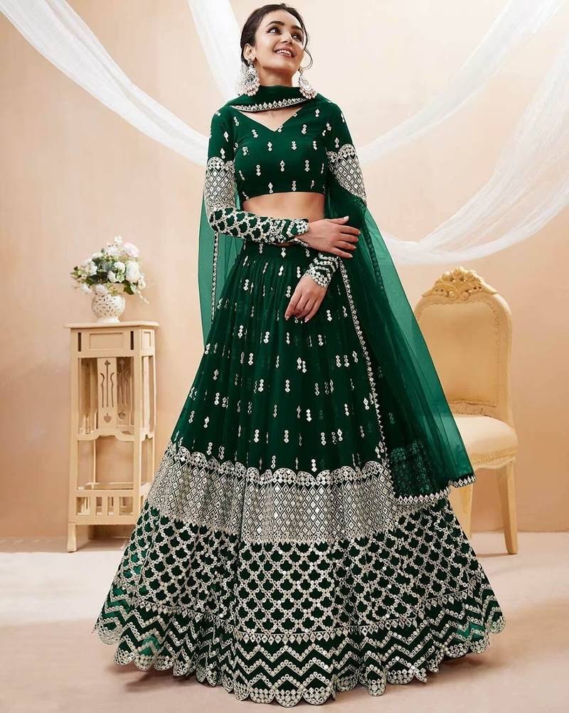 Women's Georgette Embroiderd Thread Work Semi-Stitched Lehenga Choli With Dupatta