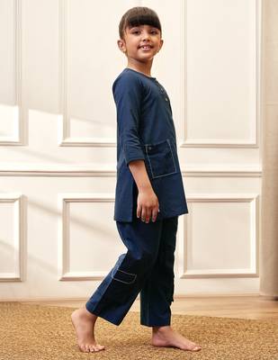 Girls navy blue cotton kurta pyjama set 4