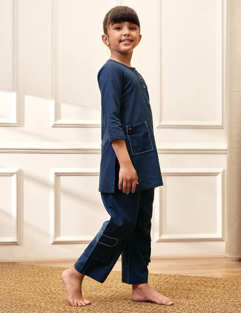 Girls navy blue cotton kurta pyjama set