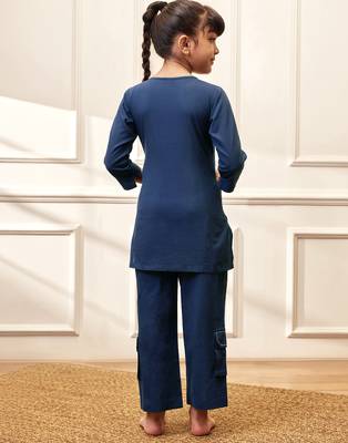 Girls navy blue cotton kurta pyjama set 5