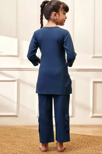 Girls navy blue cotton kurta pyjama set