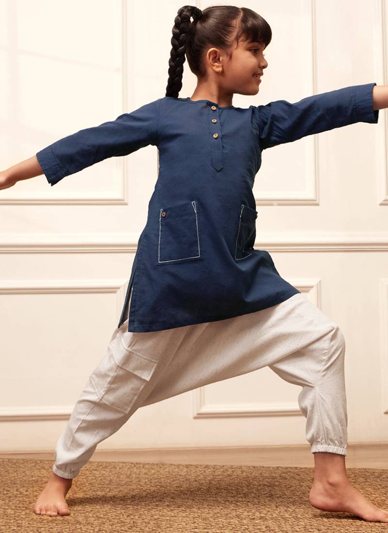 Girls navy blue cotton kurta harem pant set