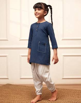 Girls navy blue cotton kurta harem pant set 4