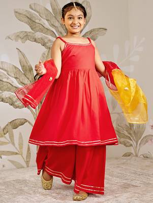 Girls red rayon kurta palazzo set with dupatta 1