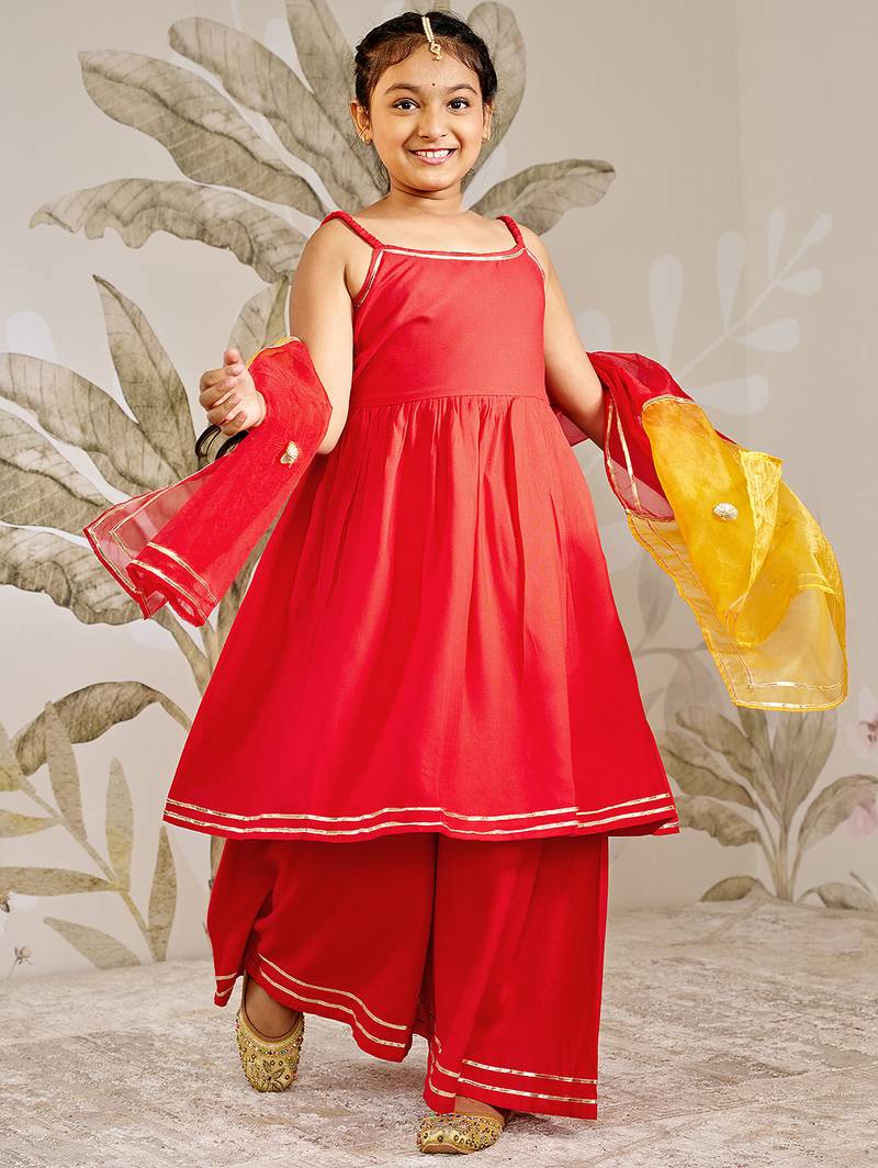 Girls red rayon kurta palazzo set with dupatta